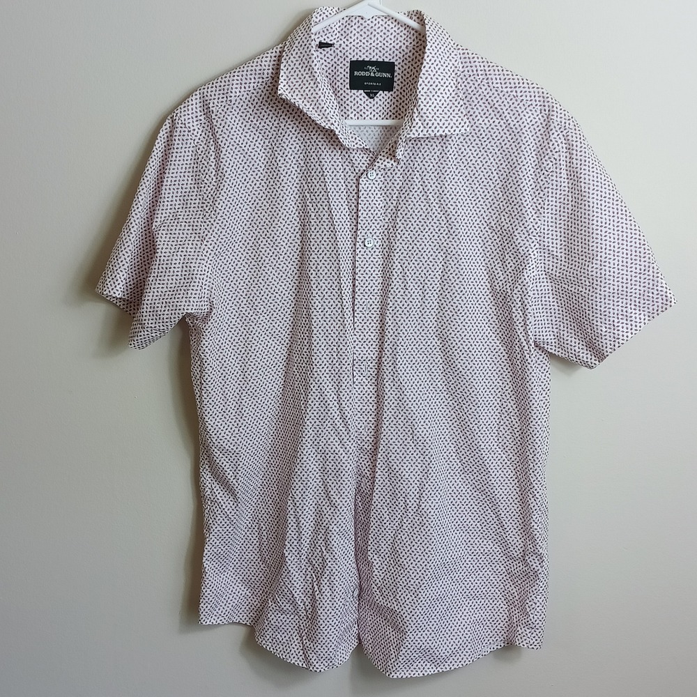 Rodd & Gunn Shirt Mens XL White Burgundy Fan Print Sports Fit Cotton Excellent